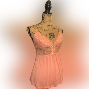 Daisy Fuentes Salmon Coral Pink Lace Negative Space Chemise Camisole V Neck Top